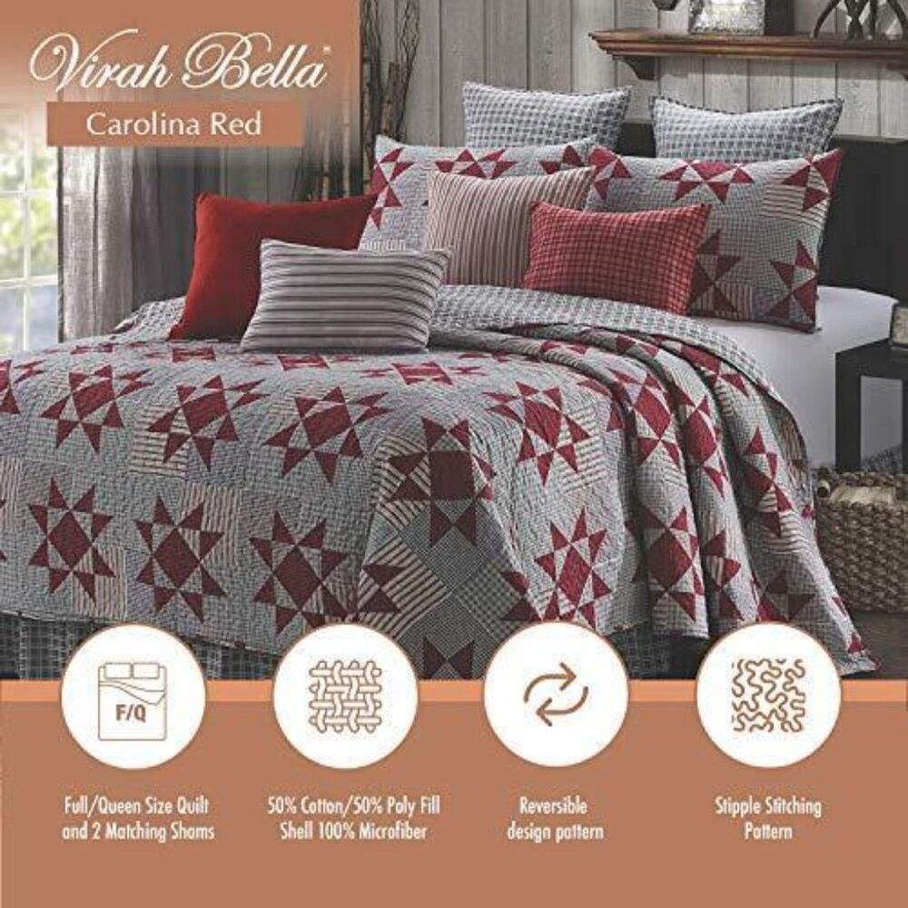 Carolina Red 3pc Quilt Set by Virah Bella; available in Full/Queen or King